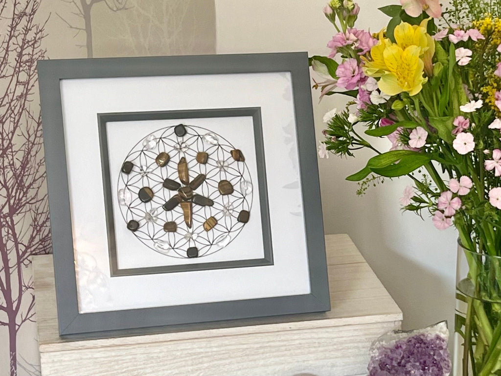 Tigers Eye, Clear Quartz and Black Tourmaline crystal grid art work, framed crystal picture for protection, wall art for friend, wife, boy