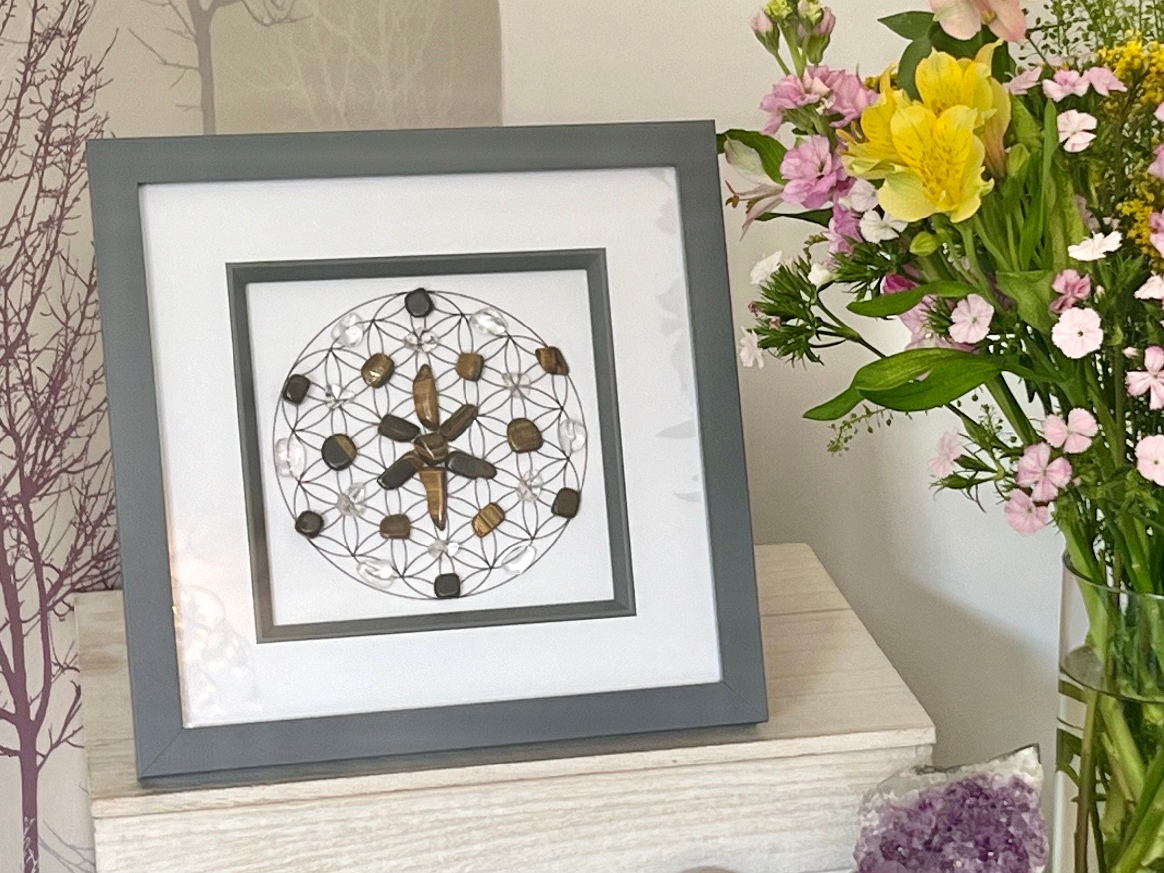 Tigers Eye, Clear Quartz and Black Tourmaline crystal grid art work, framed crystal picture for protection, wall art for friend, wife, boy