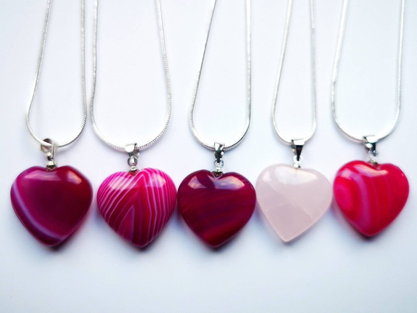 Banded Pink Agate and Rose Quartz Heart Necklaces on Silver Chains, Ethically Sourced, Mother's Day Gifts, UK Crystals, Birthday Present