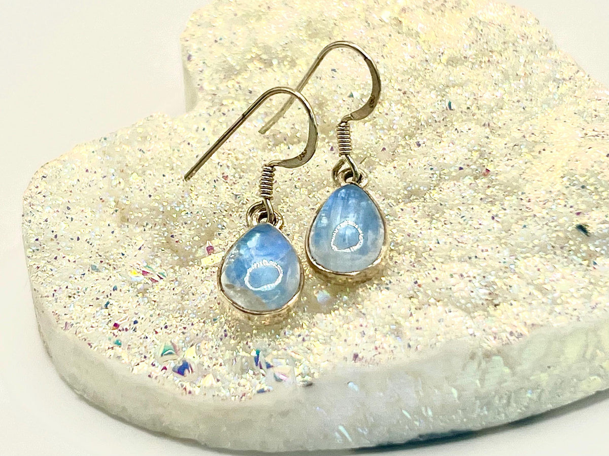 Sterling silver blue moonstone dangle earrings, crown chakra, gemstone drop earrings for women, metaphysical shop, June birthday gift for her