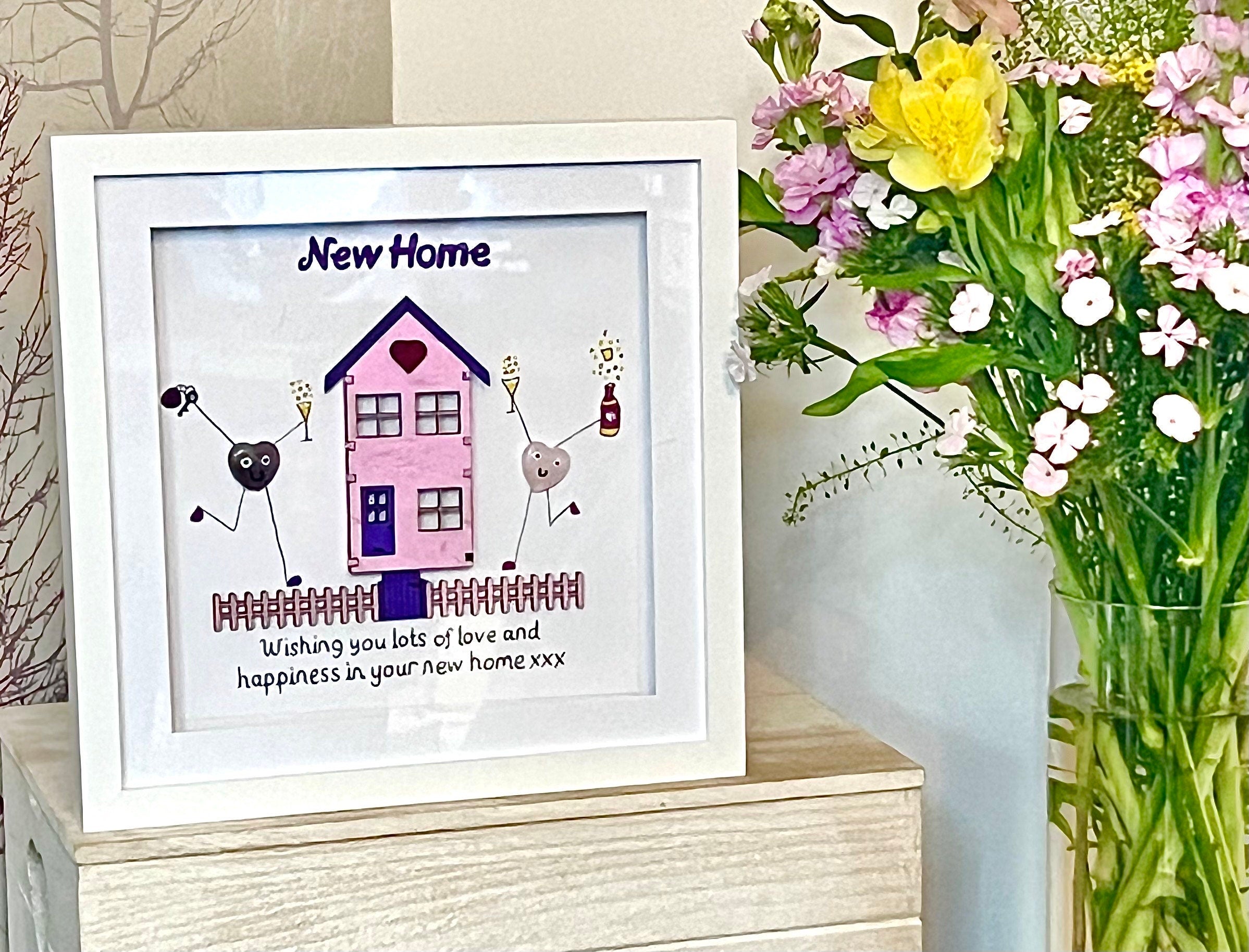 Seaglass Art Crystal Picture, Amethyst & Rose Quartz, New Home Gift With laser engraved house