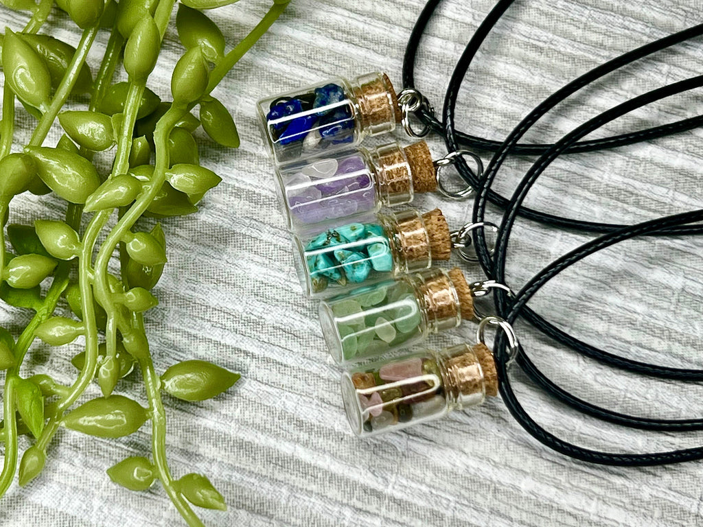 Pocket Hug Necklace, Crystal Wish Bottle Gift Card, Crystal Letterbox Gift, Amethyst Chips, Blue Howlite, Green Aventurine, Sodalite, Chakra