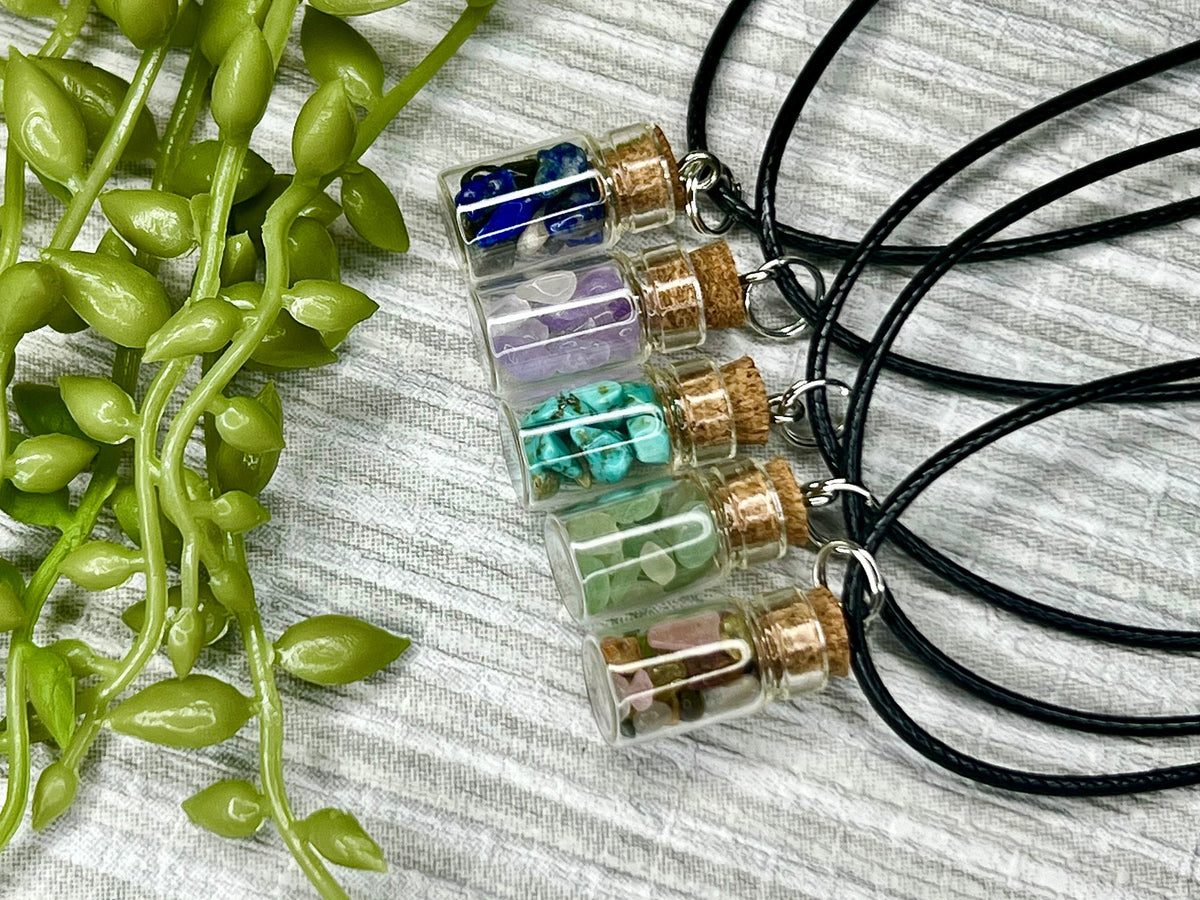 Pocket Hug Necklace, Crystal Wish Bottle Gift Card, Crystal Letterbox Gift, Amethyst Chips, Blue Howlite, Green Aventurine, Sodalite, Chakra