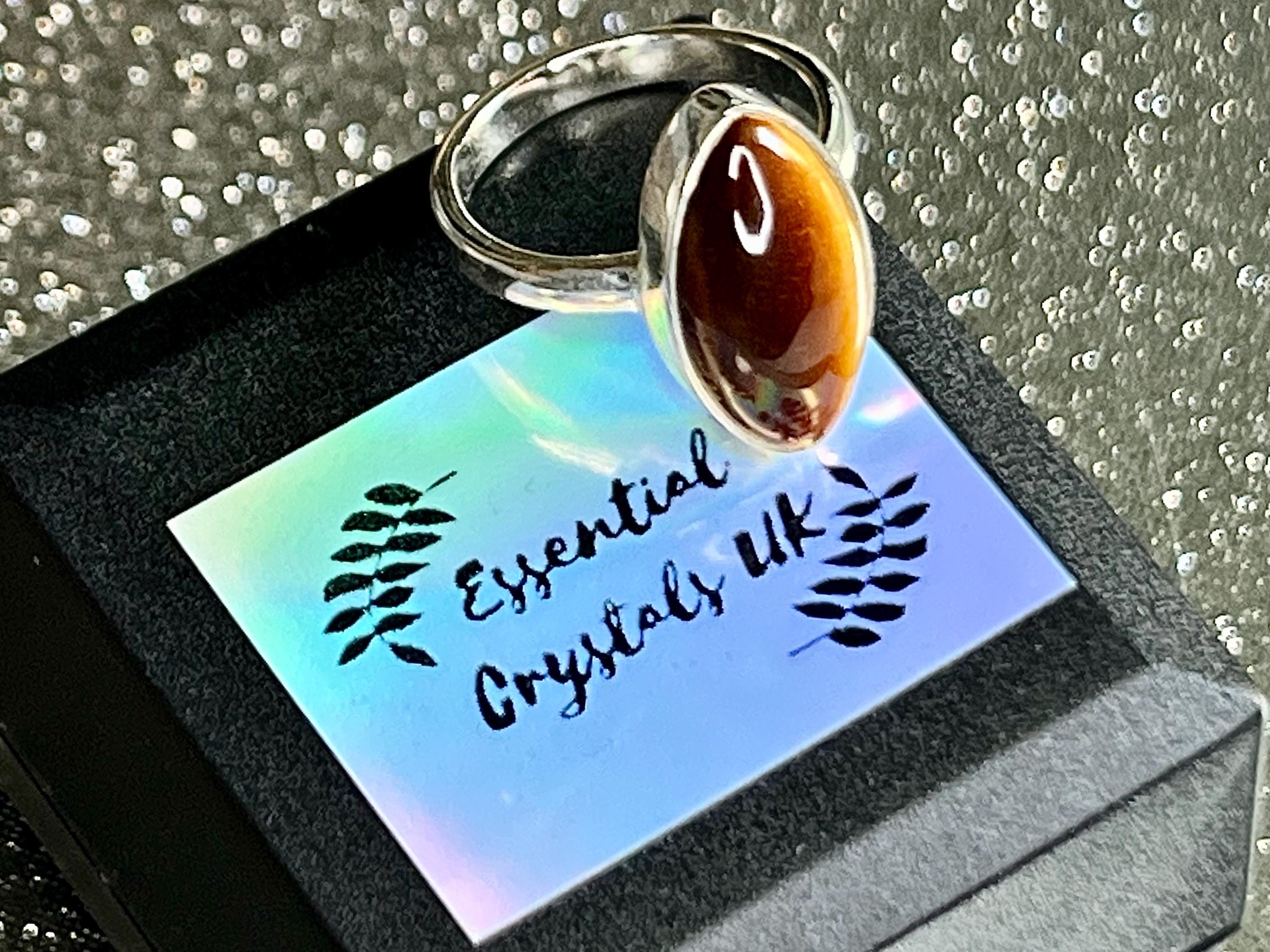 Tigers Eye Crystal Ring Size L, 925 Sterling Silver, Healing Crystal Jewellery Gift, Golden Gemstone for strength, UK Ethically sourced
