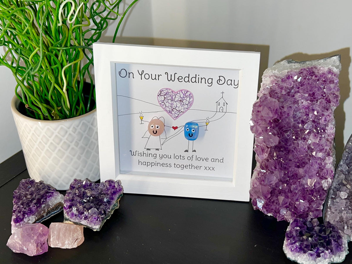 Wedding Day Keepsake Gift, Framed crystal gift for Bride and Groom, hand drawn crystal art wedding present, box framed crystal wall art 18cm