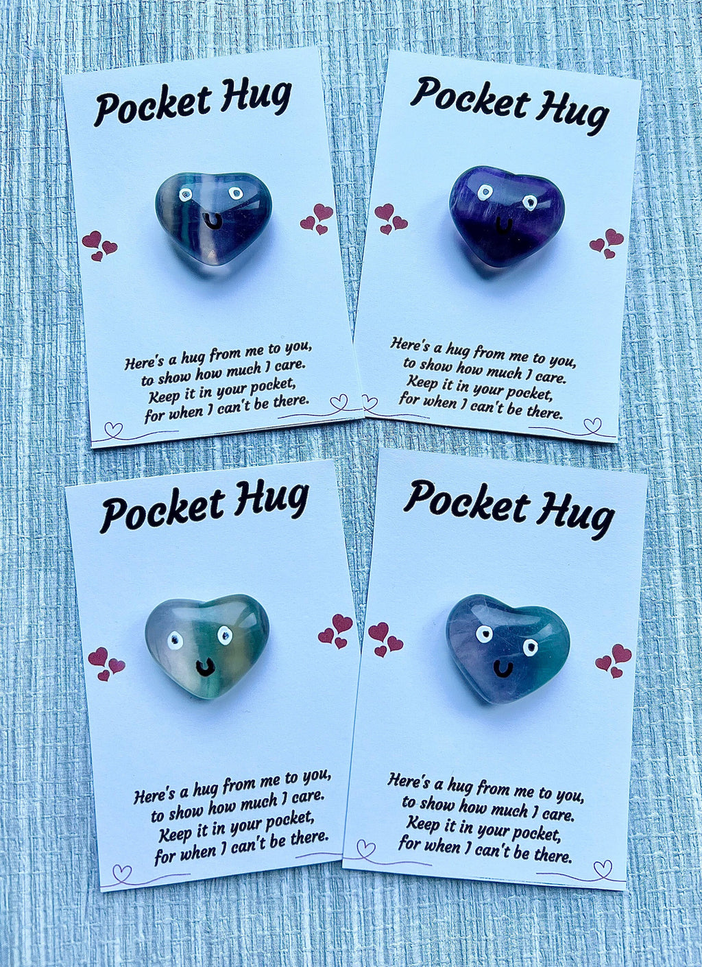 Fluorite crystal pocket hug heart, Valentine’s letterbox gift, Mother’s Day, I miss you gift, love you, thinking of you, thank you gift