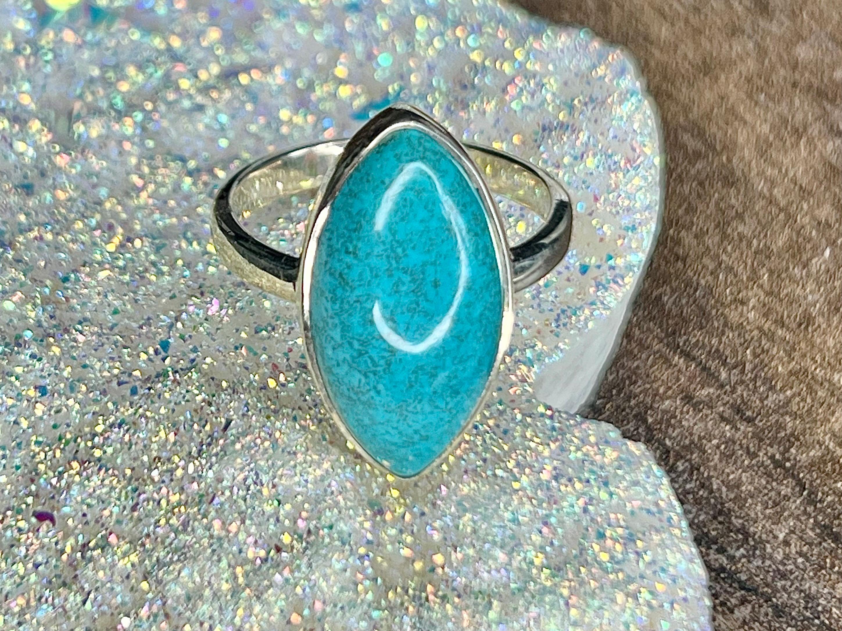 Chrysocolla Crystal Ring, 925 Sterling Silver, UK size P & 1/2, Gemstone Jewellery, Crystal gift for calming, Ethically sourced