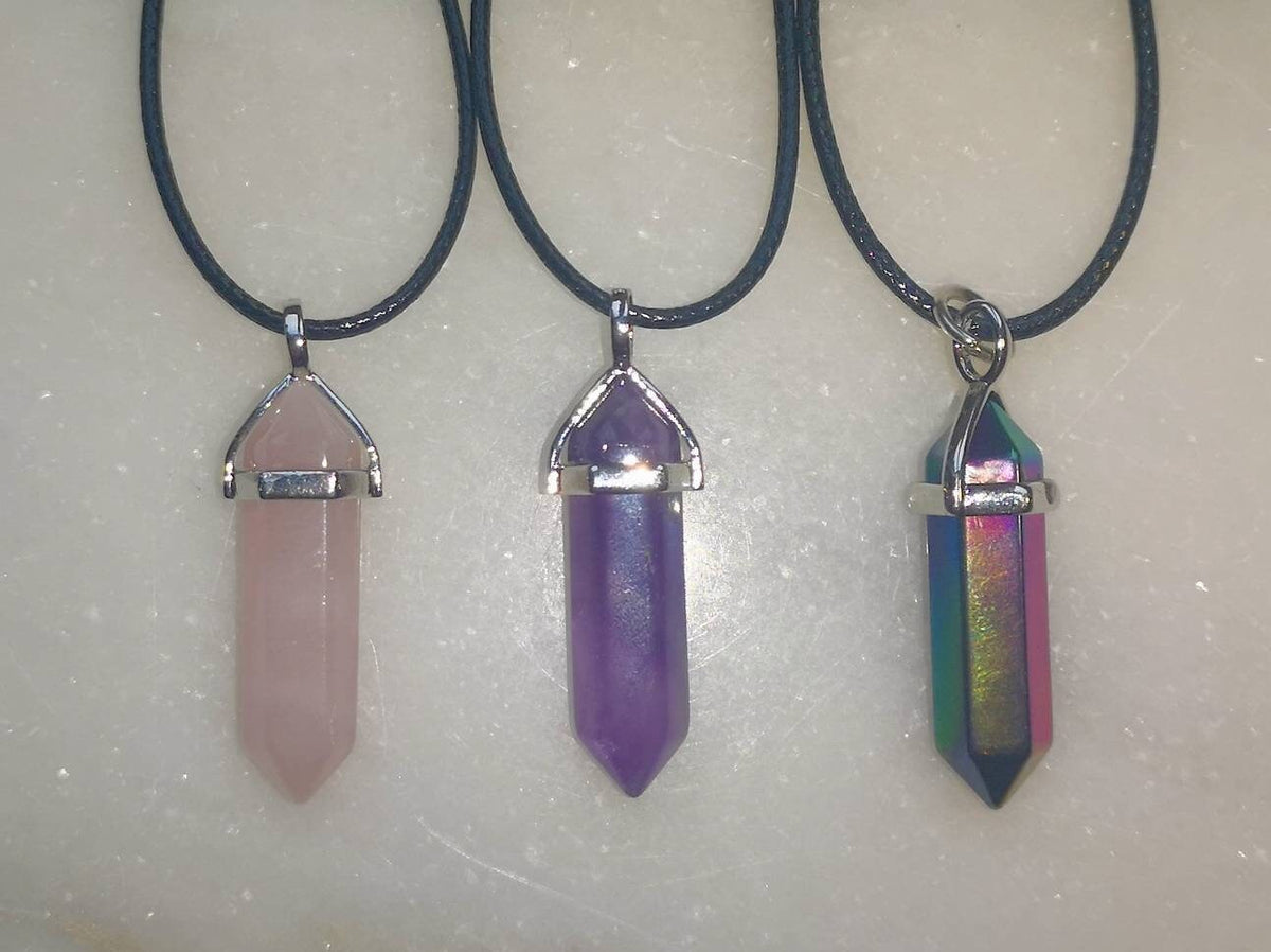 Crystal Point Necklaces, Rose Quartz Necklace, Amethyst Necklace, Rainbow Hematite Necklace, UK Crystals, Ethically Sourced, Crystal Gift
