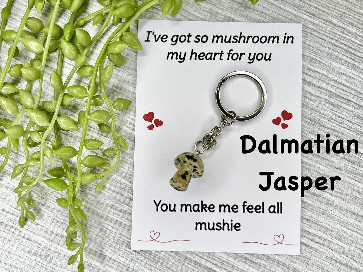Crystal Mushroom Keyring, Jade Gift, Clear Quartz, Green Aventurine, Tigers Eye, Red Jasper, Sodalite, Dalmatian Jasper, Gift for new home