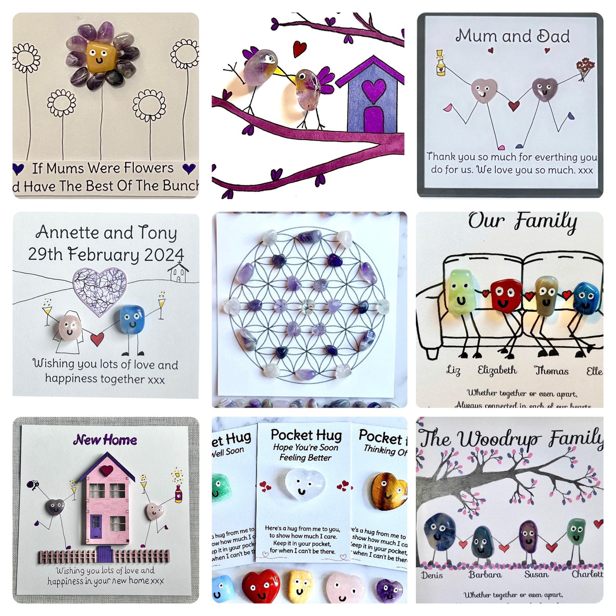 Framed crystal gift for Mum and Dad, hand drawn picture for Mum and Dad, Healing crystals thank you gift,  wall art present for Mothers Day