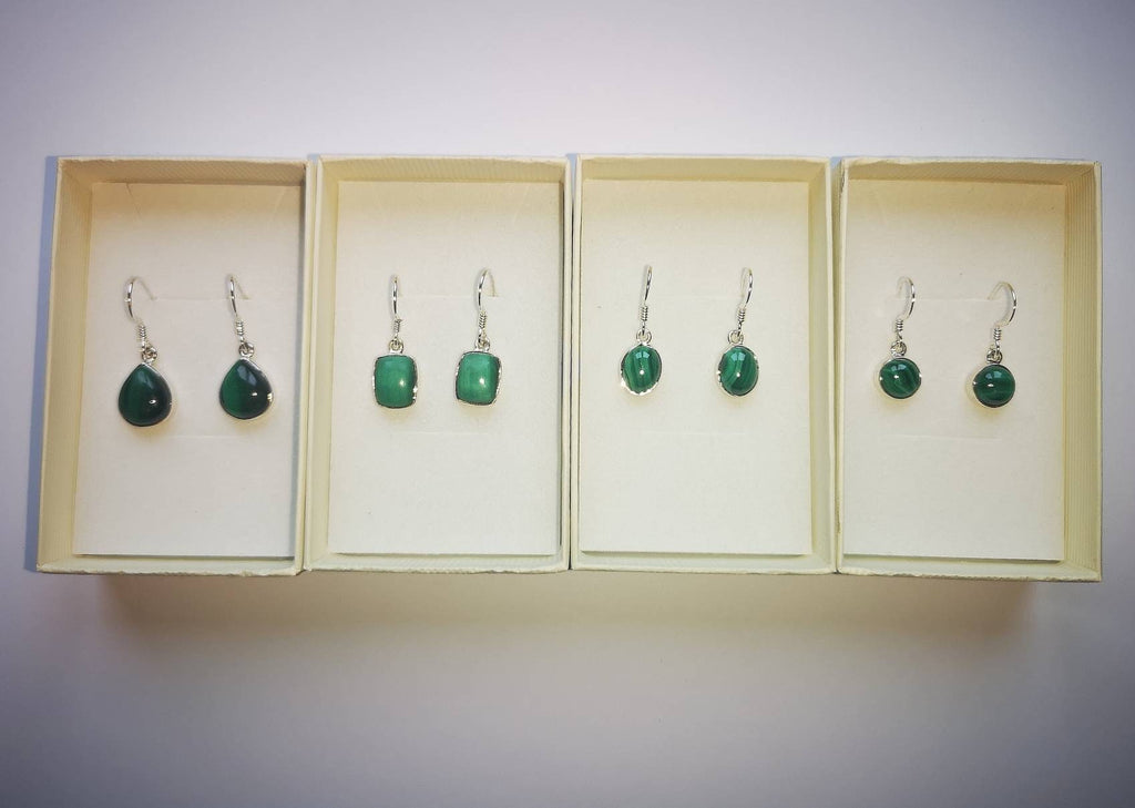 Malachite Drop Earrings, Sterling Silver Jewellery, UK Crystals Ethically Sourced, Oval and Teardrop | Rectangle | Mother's Day Gift