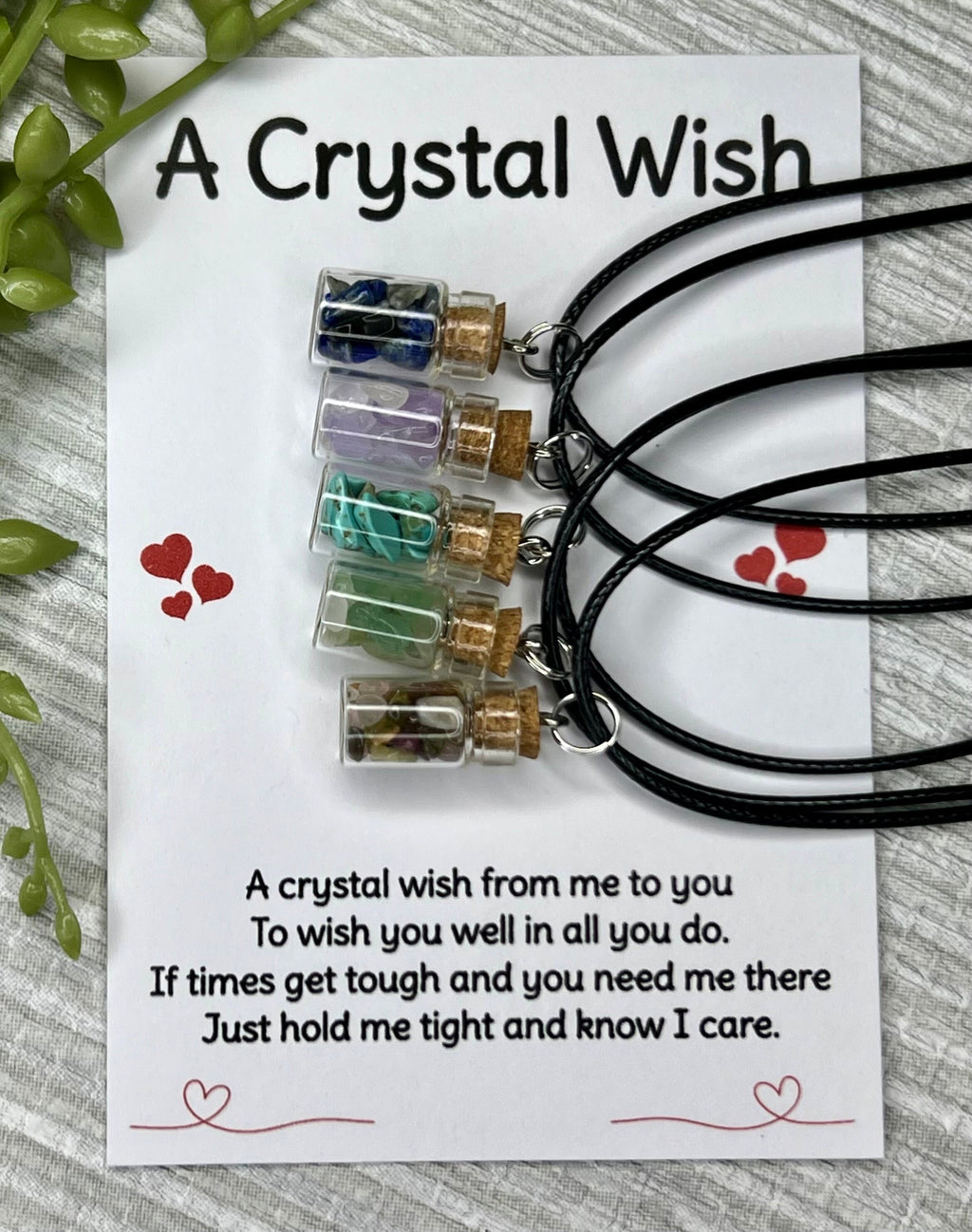 Pocket Hug Necklace, Crystal Wish Bottle Gift Card, Crystal Letterbox Gift, Amethyst Chips, Blue Howlite, Green Aventurine, Sodalite, Chakra