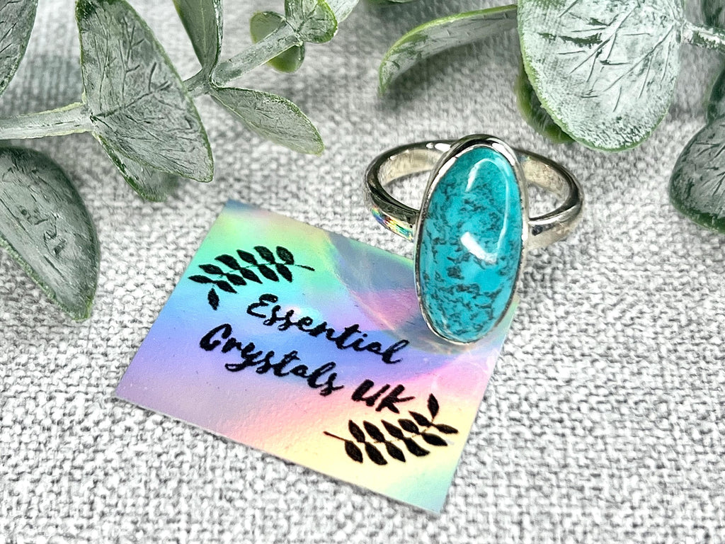 Chrysocolla Crystal Ring, 925 Sterling Silver, UK size M, Gemstone Jewellery, Crystal gift for calming, Ethically sourced, metaphysical shop