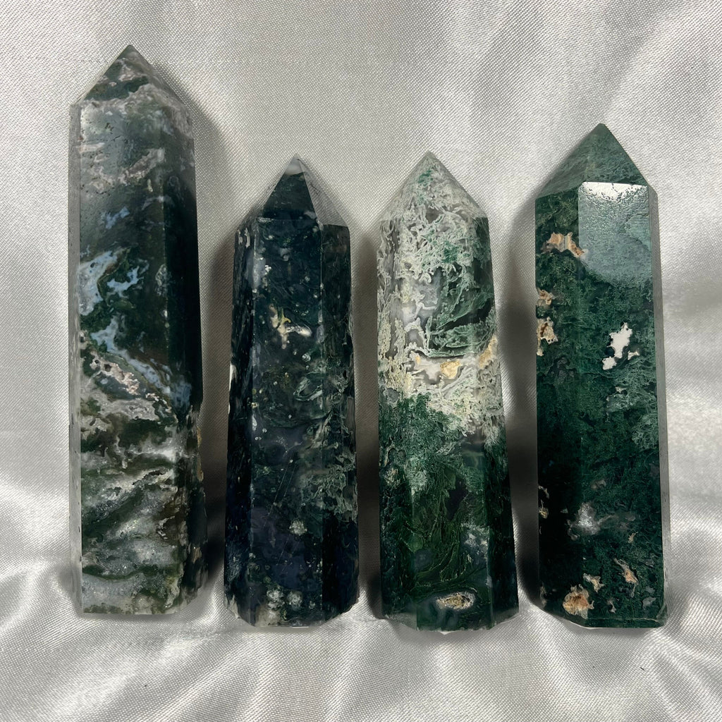 Moss Agate Towers, Moss Agate Points, Crystals Carvings, Moss Agate Polished, Consciously Sourced
