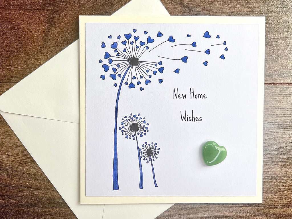New Home Crystal Cards, Pocket Hug Dandelion Wishes keepsake, Purple Amethyst Heart Gemstones, Green Crystals for luck, House Warming Gift