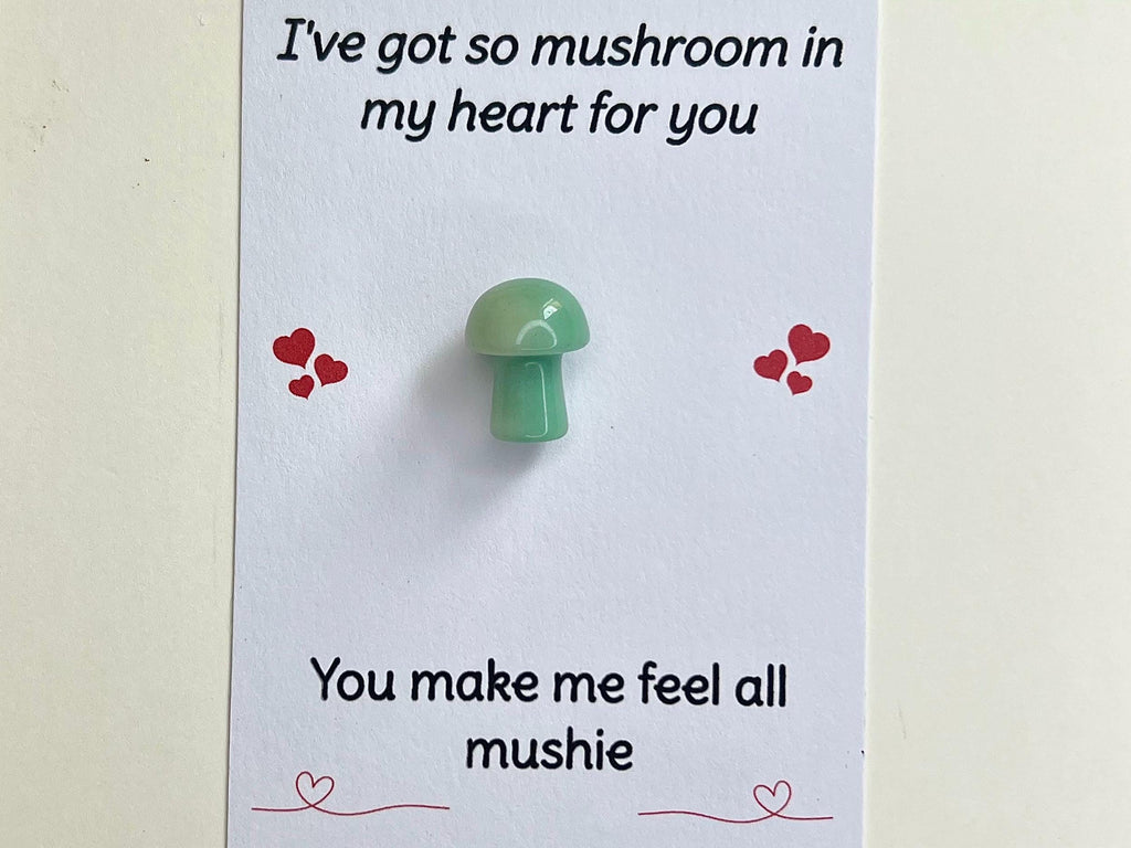 Mushroom Crystal Cards, You make me feel all mushie, Pocket Hug Birthday Card, Funny Gemstones, Gift for him or her, Amethyst, Rose Quartz