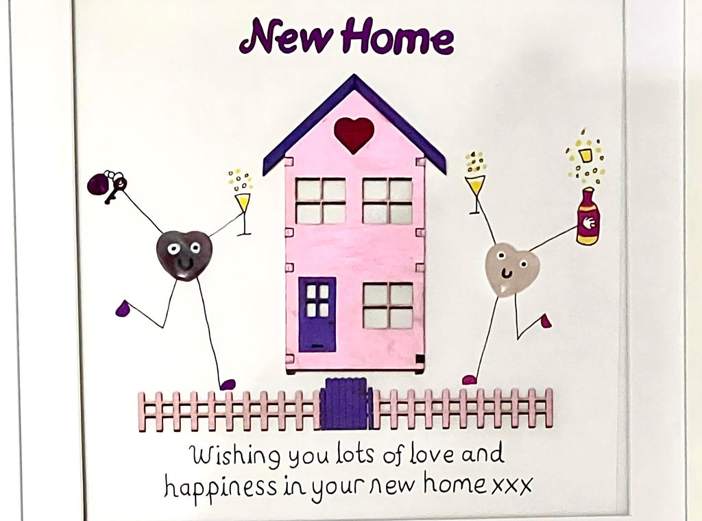 Seaglass Art Crystal Picture, Amethyst & Rose Quartz, New Home Gift With laser engraved house