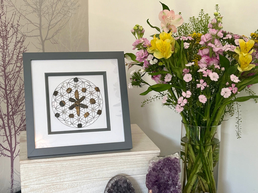 Tigers Eye, Clear Quartz and Black Tourmaline crystal grid art work, framed crystal picture for protection, wall art for friend, wife, boy