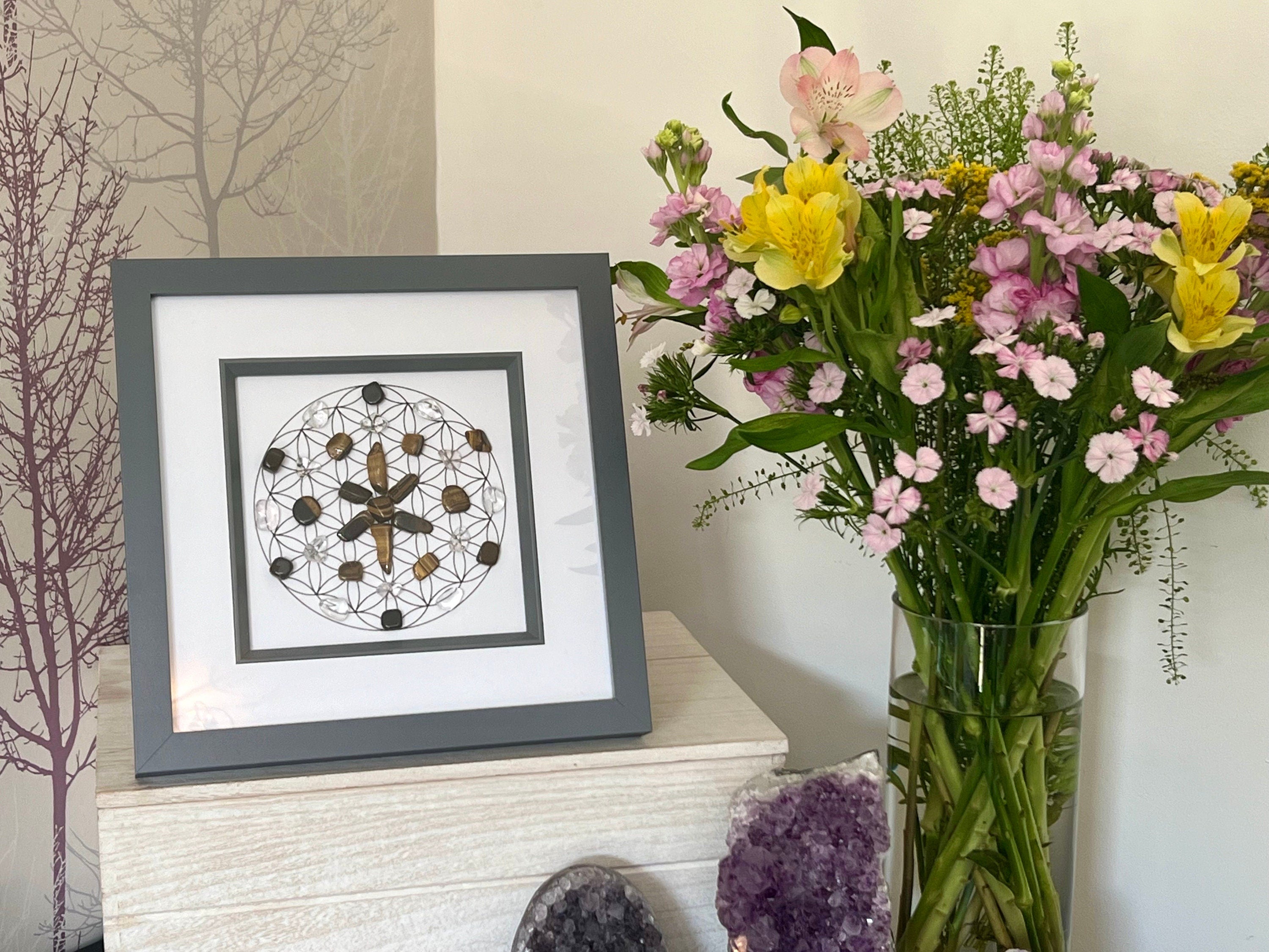 Tigers Eye, Clear Quartz and Black Tourmaline crystal grid art work, framed crystal picture for protection, wall art for friend, wife, boy