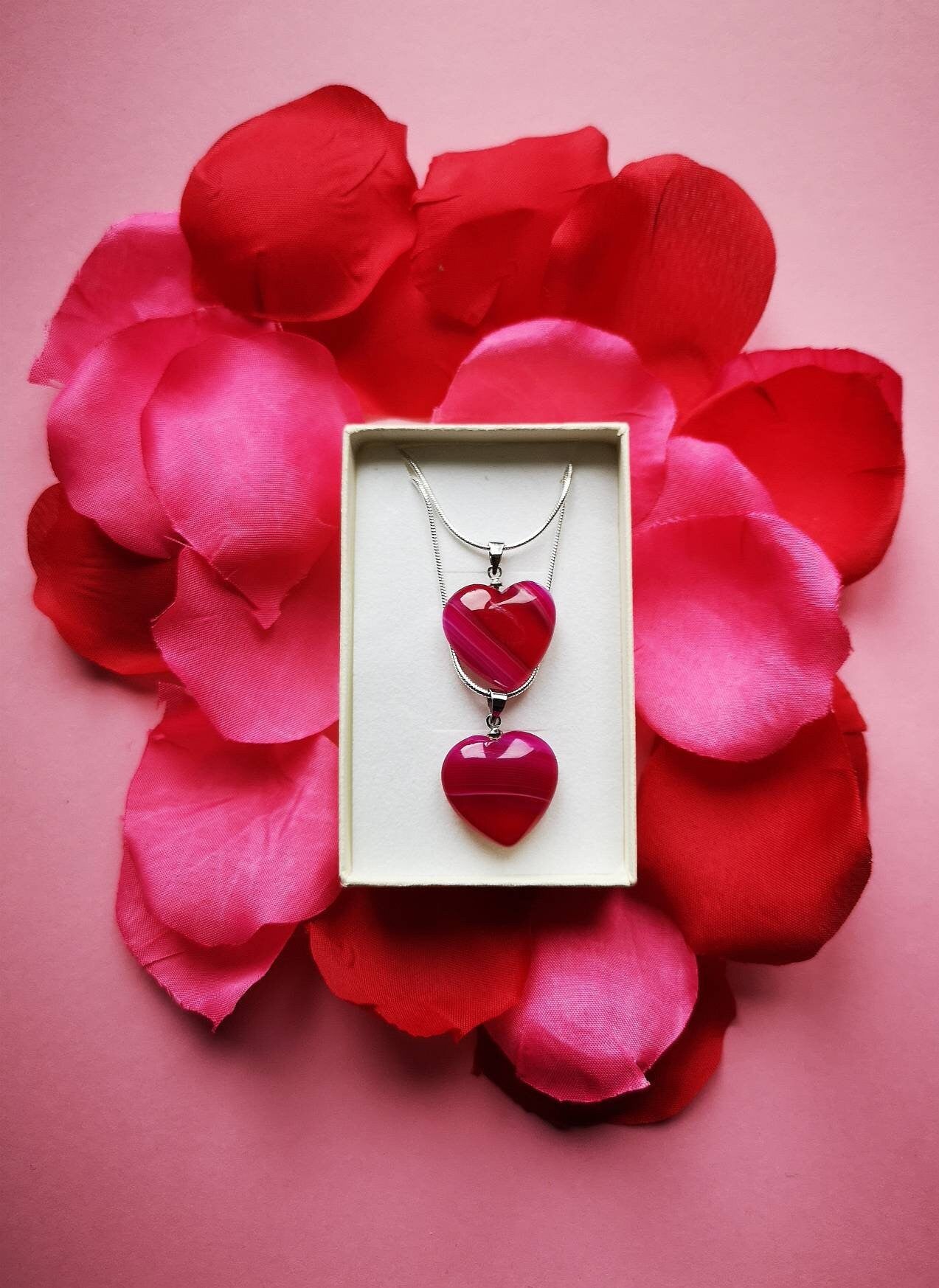 Two Matching Pink Agate Heart Crystal Necklaces on Silver Chains, UK Crystals, Ethically Sourced, Crystal Birthday Gift, Crystal Jewellery