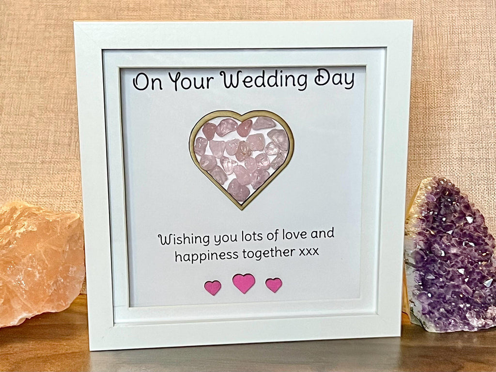Wedding keepsake gift, framed Rose Quartz crystal heart, metaphysical shop, wall art decor, Bride and Groom gemstone gift, crystal present