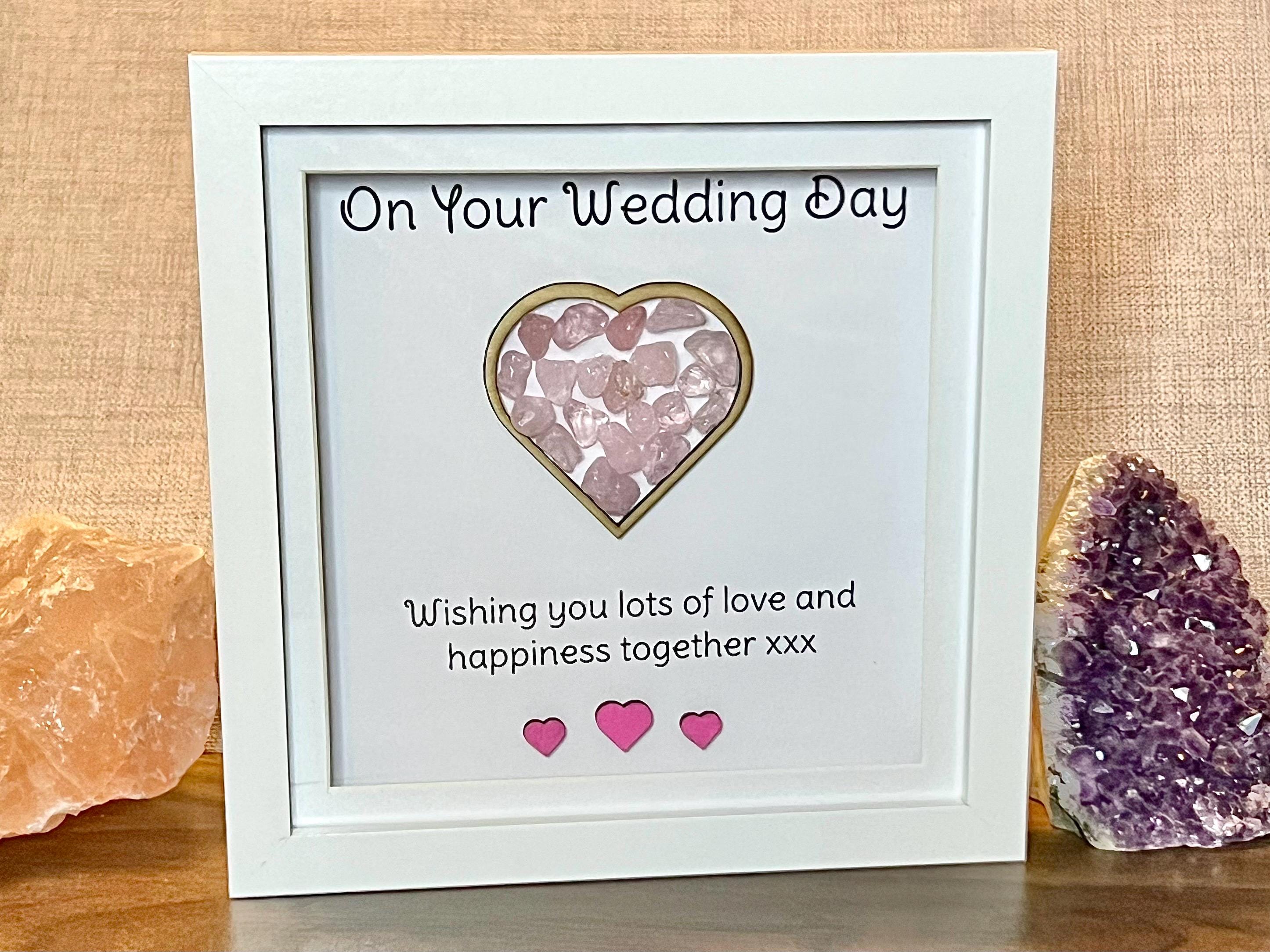 Wedding keepsake gift, framed Rose Quartz crystal heart, metaphysical shop, wall art decor, Bride and Groom gemstone gift, crystal present