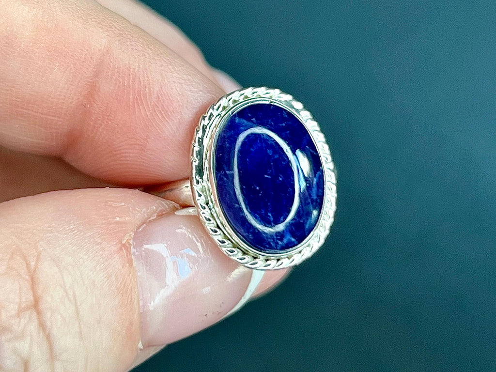 Sodalite Crystal Ring Size L &1/2, 925 Sterling Silver, Healing Crystal Jewellery Gift for her, Blue Gemstone for calm, UK Ethically sourced