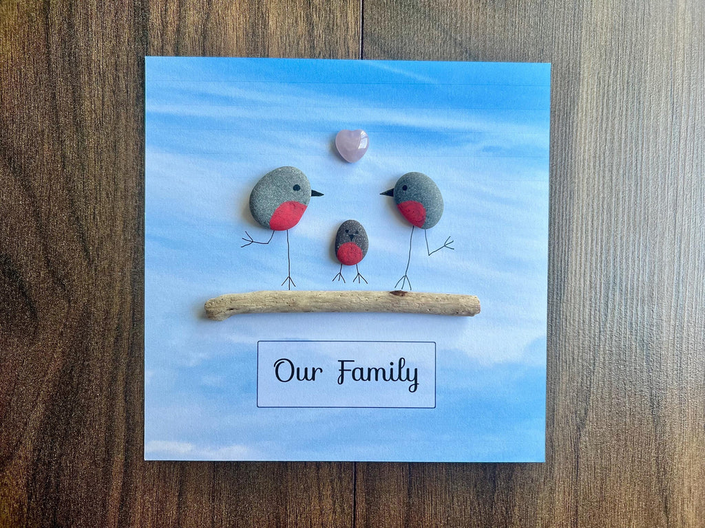 Family Pebble Art Frame, Personalised hand painted Robins, Wall art gift for New Baby Parents, Bird lovers present for Grandparents