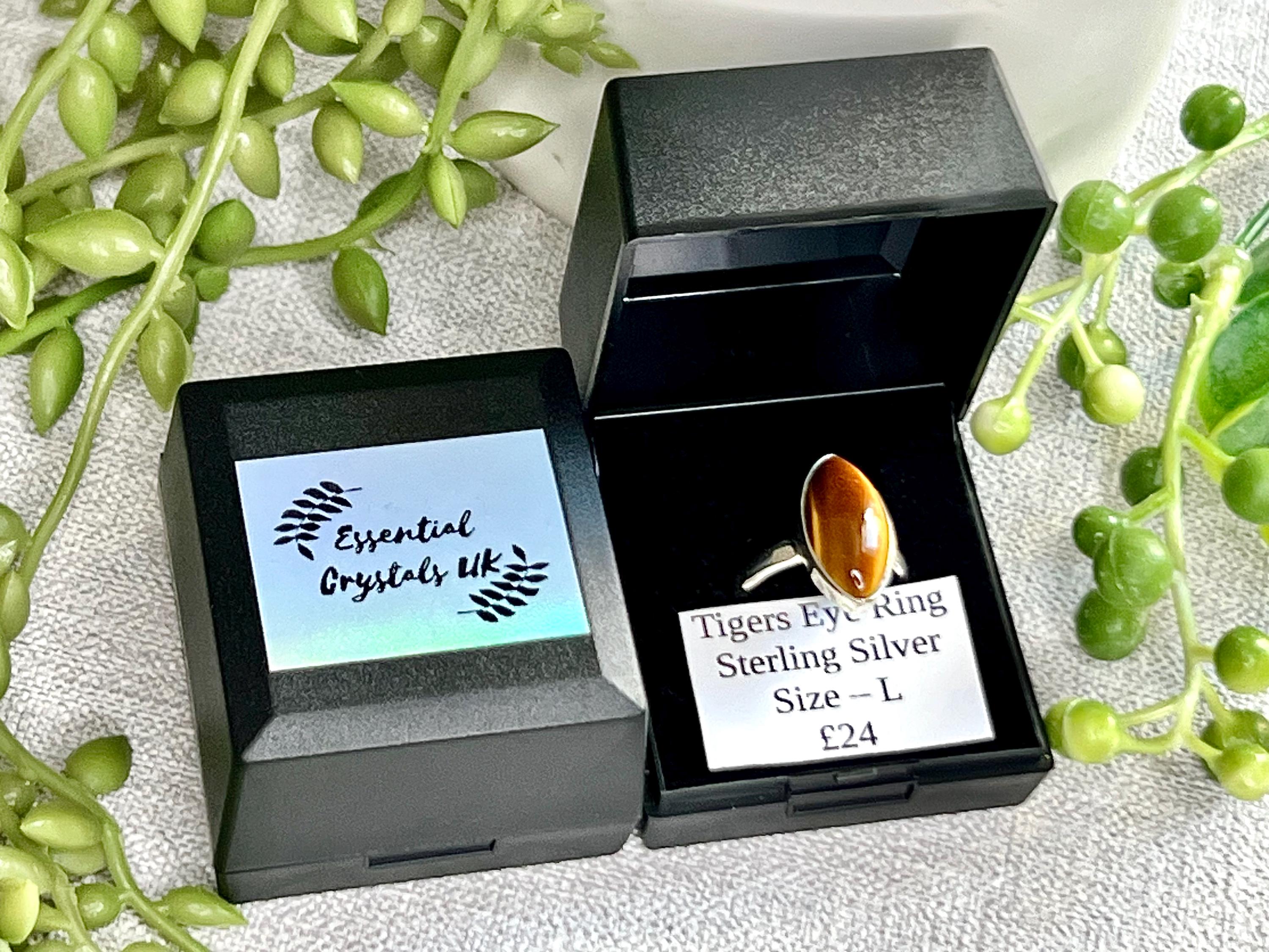 Tigers Eye Crystal Ring Size L, 925 Sterling Silver, Healing Crystal Jewellery Gift, Golden Gemstone for strength, UK Ethically sourced