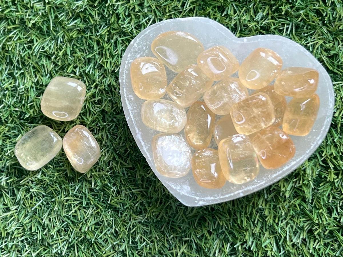 Honey Calcite tumblestones, third eye chakra stone, solar plexus chakra crystal, ethically sourced UK crystal shop, Crystal gift for harmony
