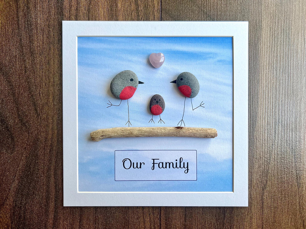 Family Pebble Art Frame, Personalised hand painted Robins, Wall art gift for New Baby Parents, Bird lovers present for Grandparents