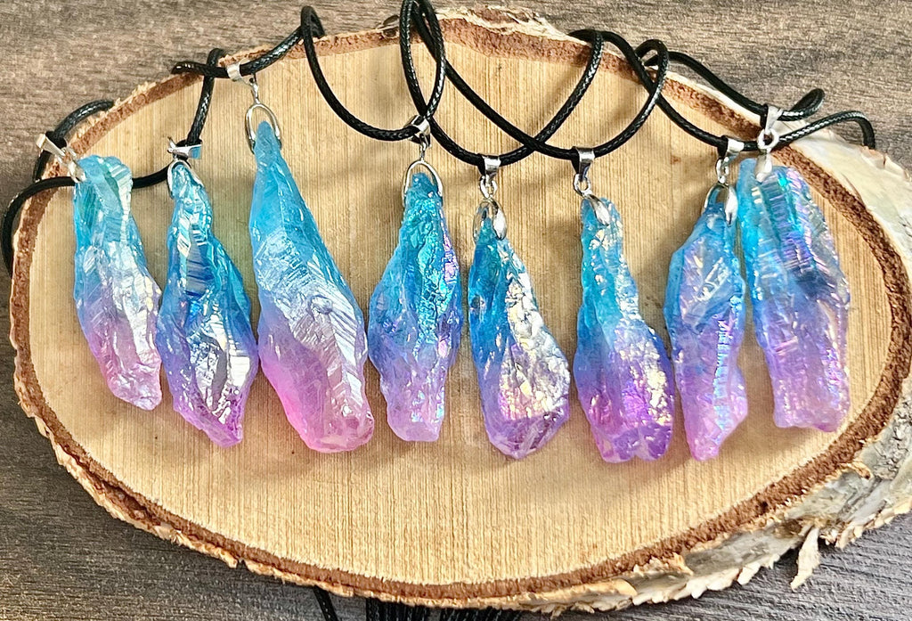 Aura Quartz Crystal pendants, Pink and Blue “Candy Floss”, Red / Orange “flame”, Green / Purple “mermaids tails”, Gemstone necklace gift