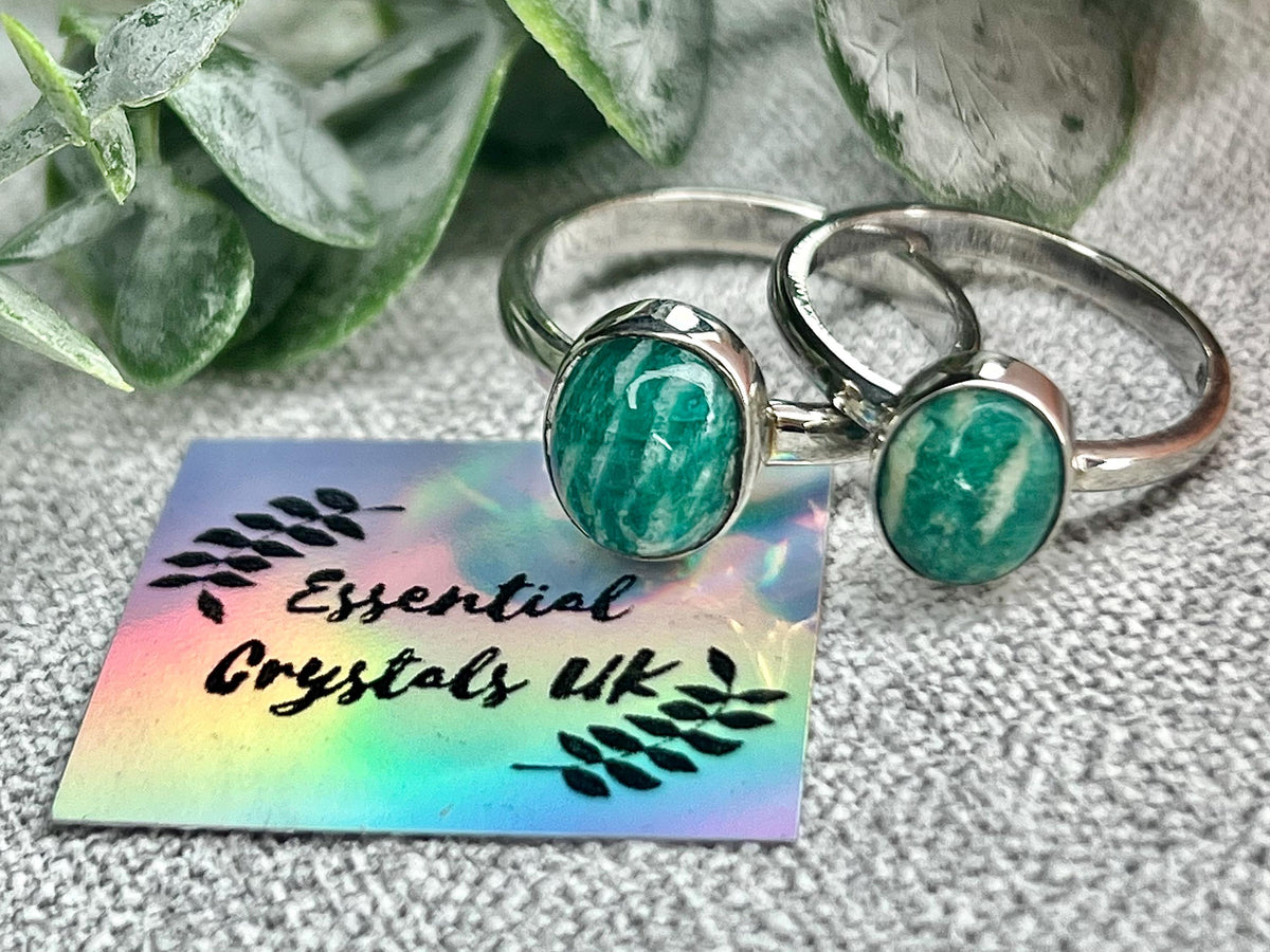 Amazonite Crystal Ring, UK Band Ring Sizes N & Q, 925 Sterling Silver, Heart Chakra, Ethically Sourced Crystals, Birthday Gift for her