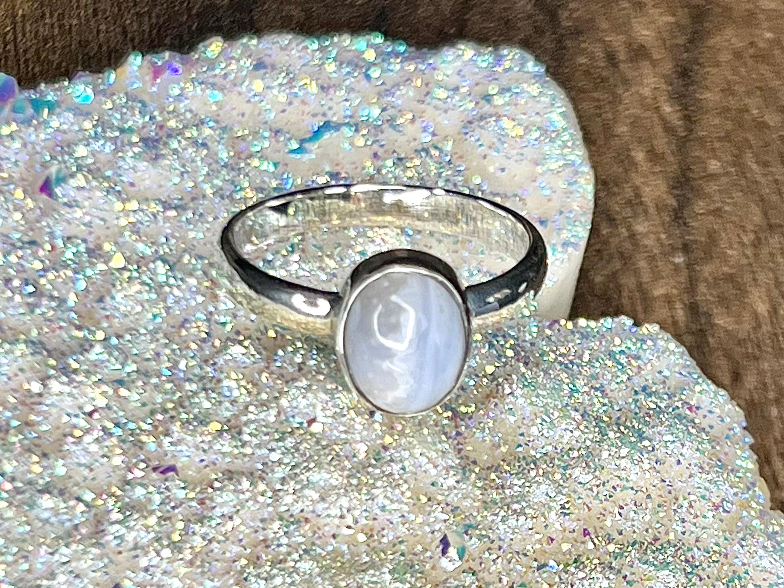 Blue Lace Agate Crystal Ring, UK Size P, 925 Sterling Silver, Healing Crystal Jewellery Gift, Purple Gemstone for anxiety, Ethically sourced