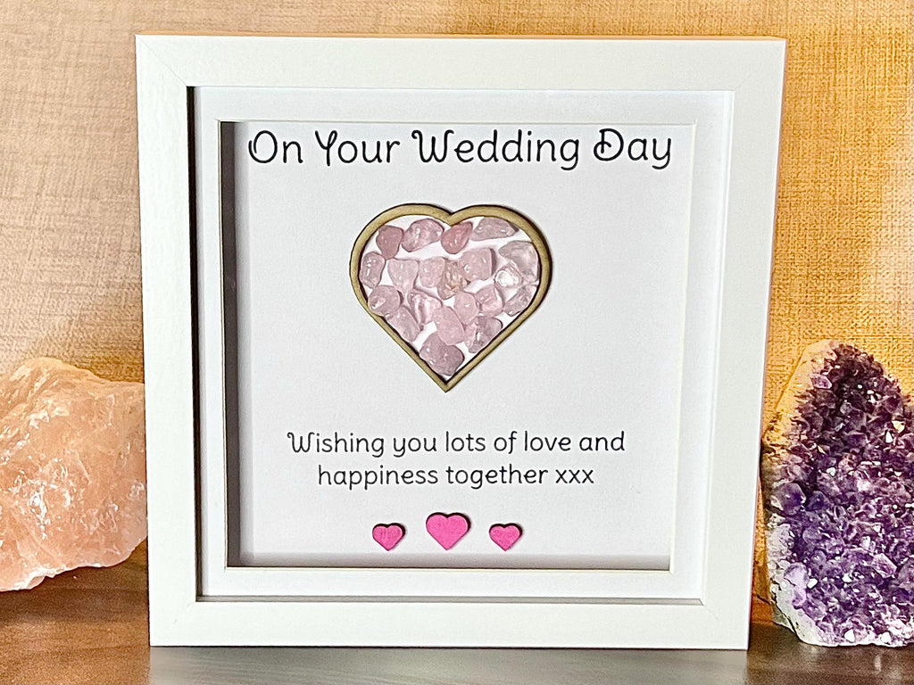 Wedding keepsake gift, framed Rose Quartz crystal heart, metaphysical shop, wall art decor, Bride and Groom gemstone gift, crystal present