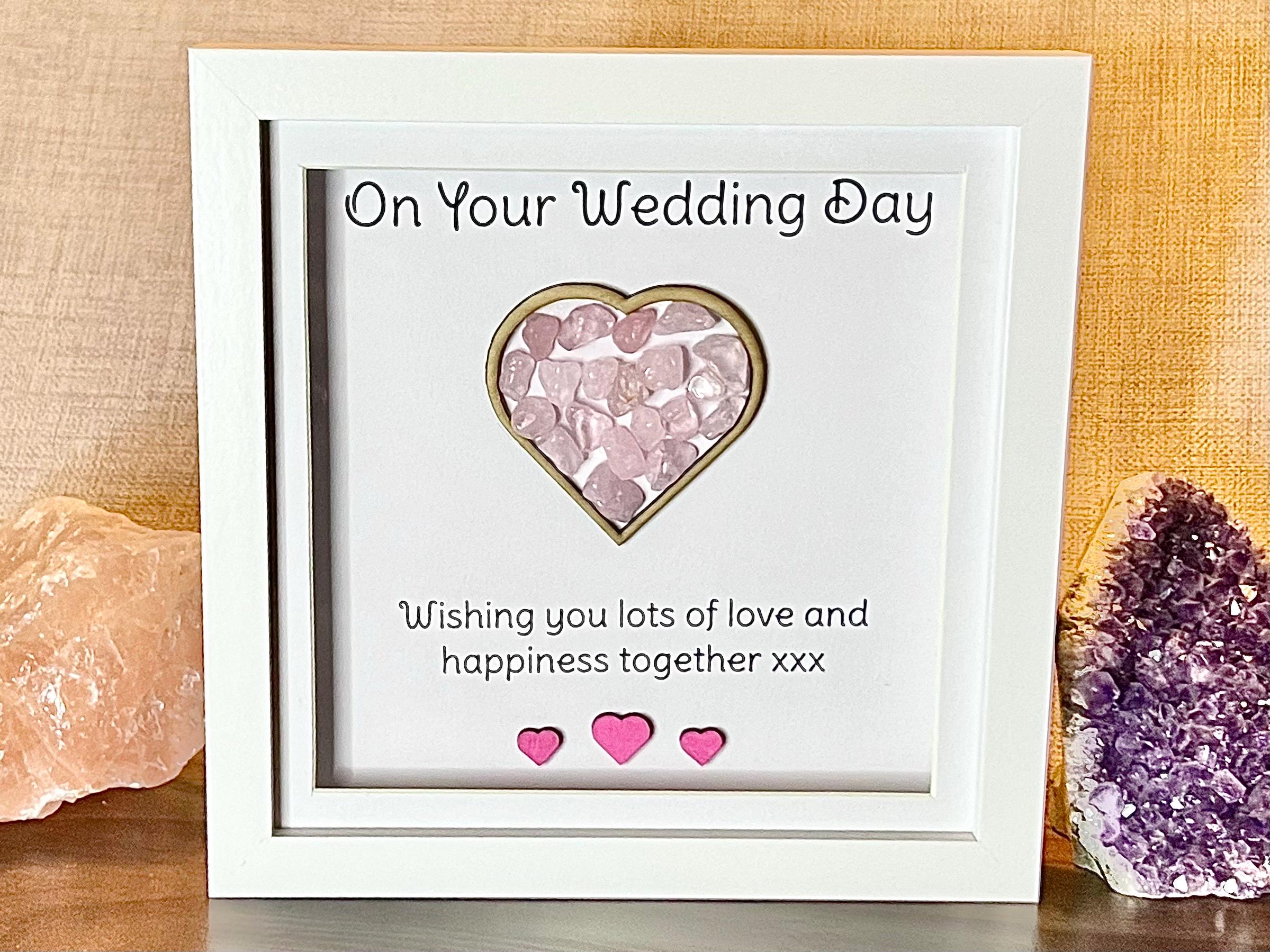 Wedding keepsake gift, framed Rose Quartz crystal heart, metaphysical shop, wall art decor, Bride and Groom gemstone gift, crystal present