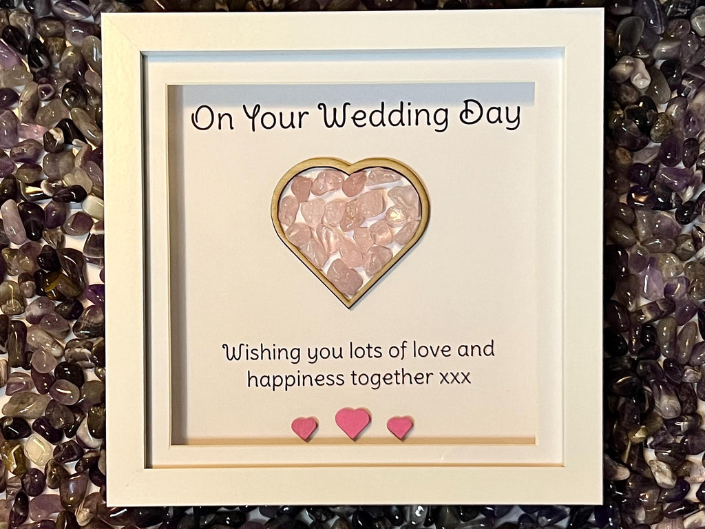 Wedding keepsake gift, framed Rose Quartz crystal heart, metaphysical shop, wall art decor, Bride and Groom gemstone gift, crystal present