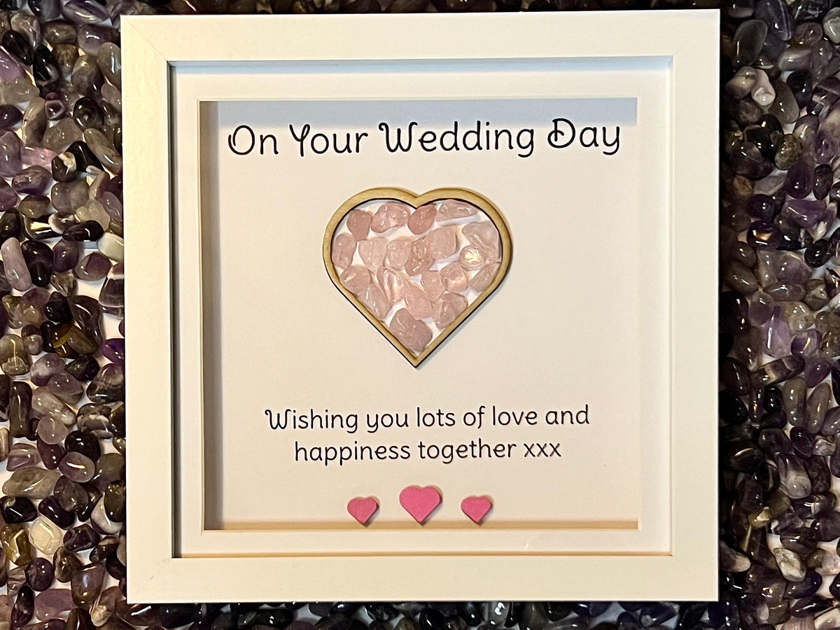 Wedding keepsake gift, framed Rose Quartz crystal heart, metaphysical shop, wall art decor, Bride and Groom gemstone gift, crystal present