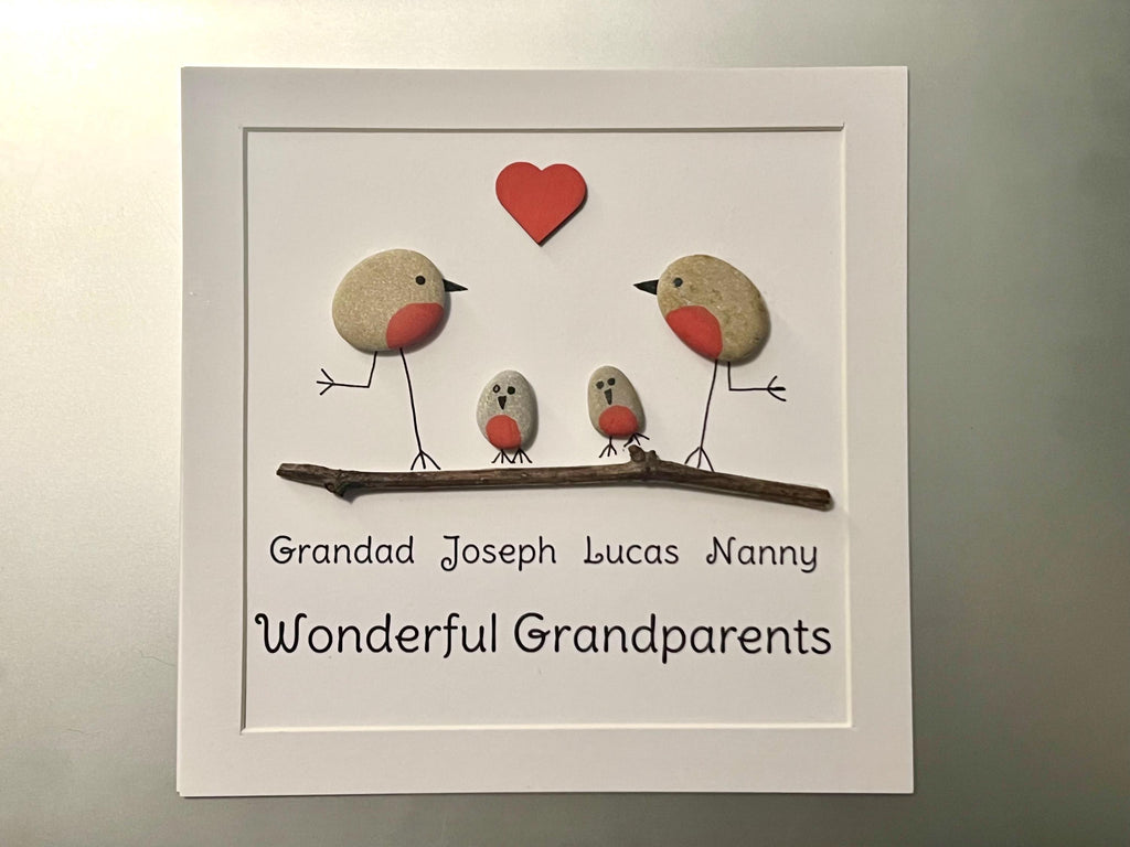 Personalised Wonderful Grandparents Art Frame, Hand Painted Pebble Robins & Driftwood, Family Wall Art Gift, Bird lovers Grandparent gift