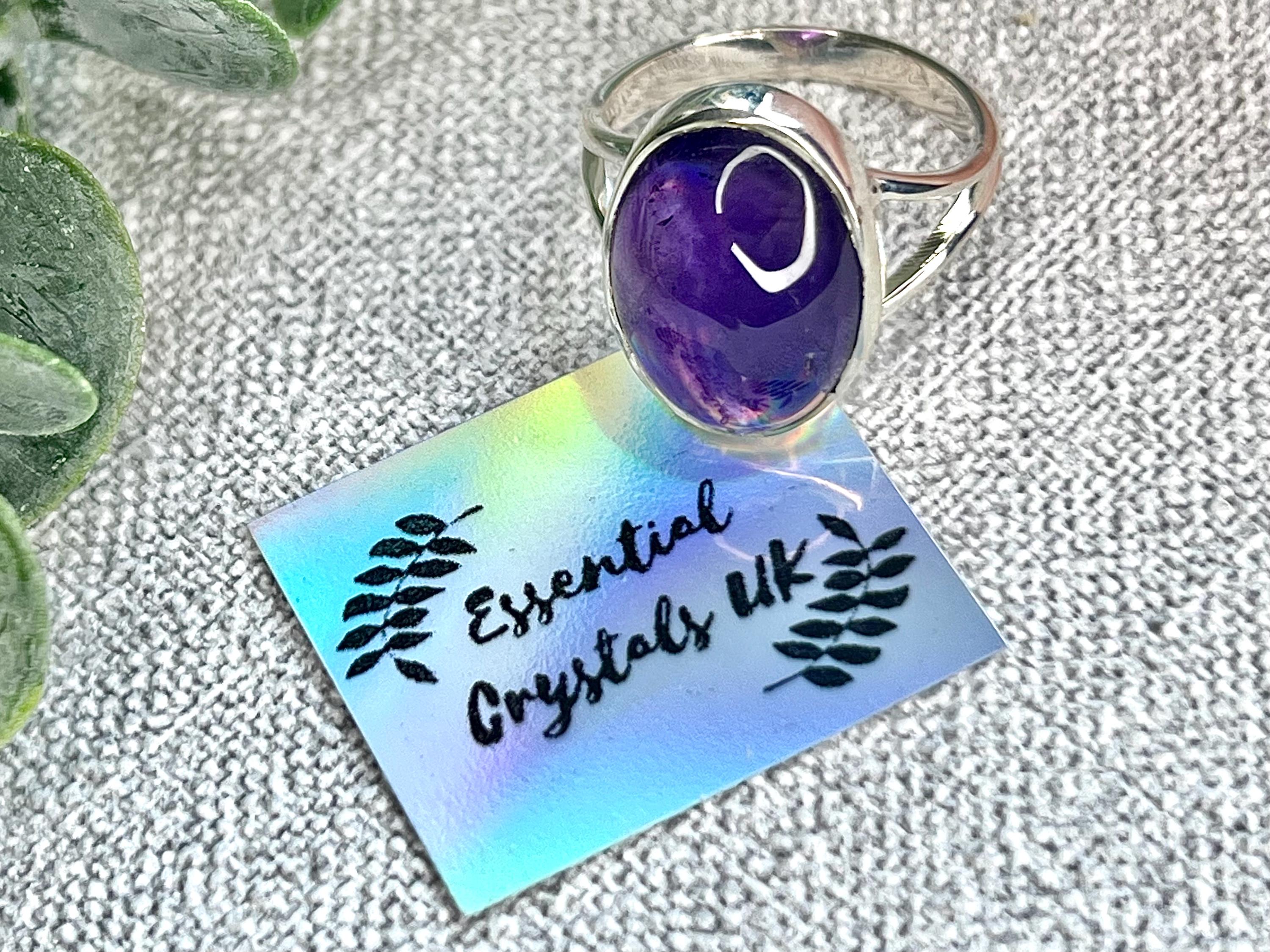 Amethyst Crystal Ring, UK Size P, 925 Sterling Silver, Healing Crystal Jewellery Gift, Purple Gemstone for anxiety, Ethically sourced stones