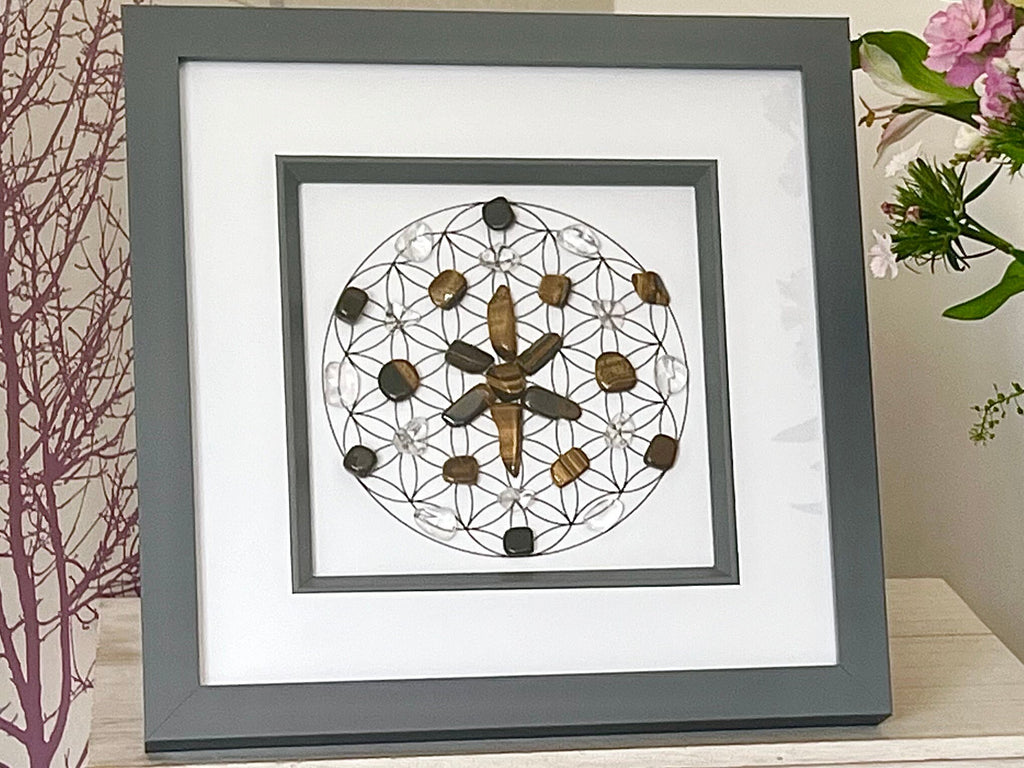 Tigers Eye, Clear Quartz and Black Tourmaline crystal grid art work, framed crystal picture for protection, wall art for friend, wife, boy