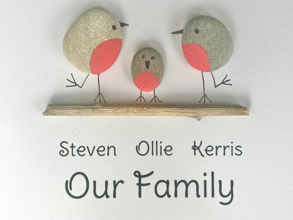 Family Pebble Art Frame, Personalised hand painted Robins, Newborn Wall art gift for New Baby Parents, Bird lovers gift for Grandparents