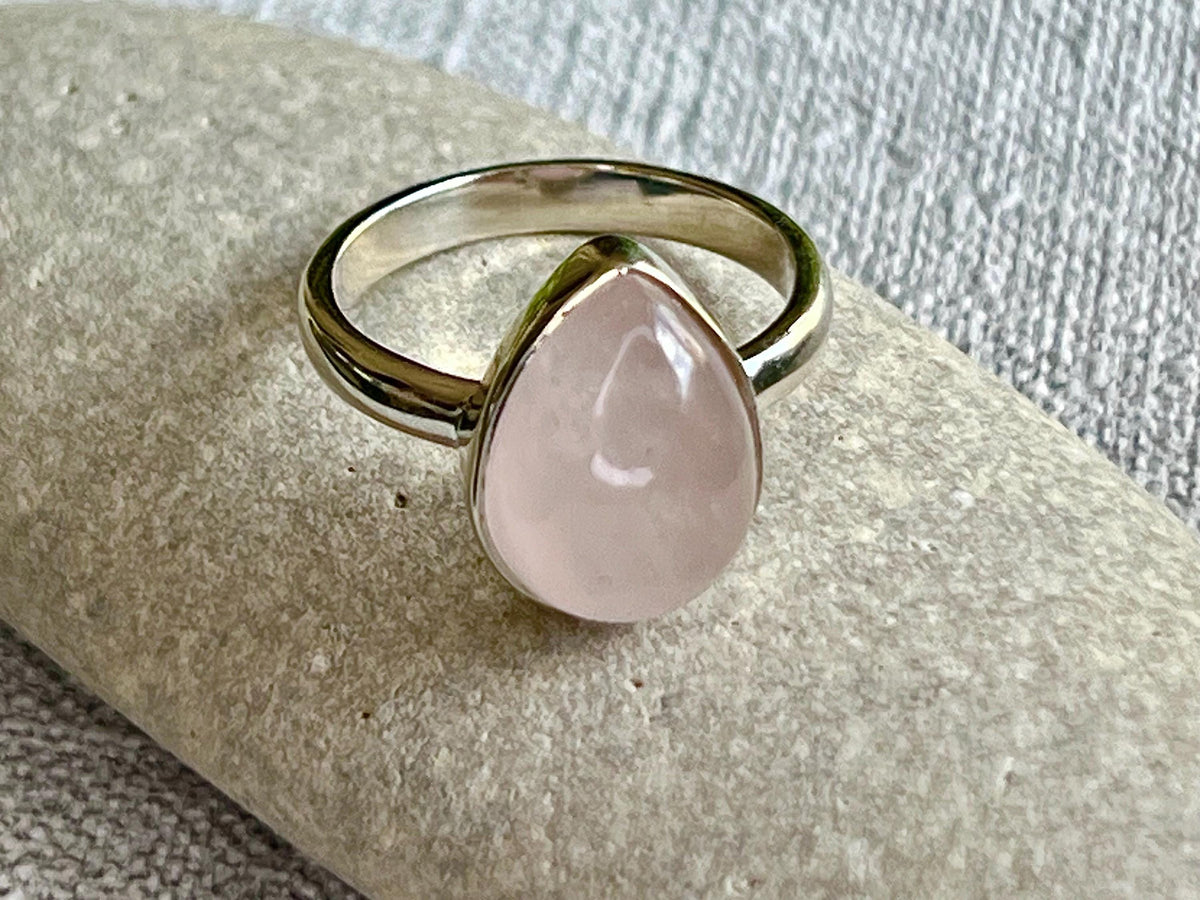 Rose Quartz Crystal Ring Size O, 925 Sterling Silver, Crystal Jewellery Gift for her, Pink Gemstone, Stone for Love, UK Ethically sourced