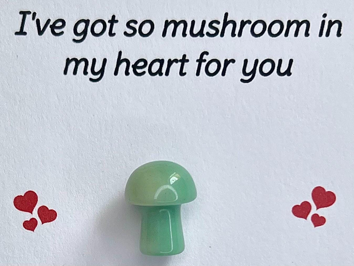 Mushroom Crystal Cards, You make me feel all mushie, Pocket Hug Birthday Card, Funny Gemstones, Gift for him or her, Amethyst, Rose Quartz