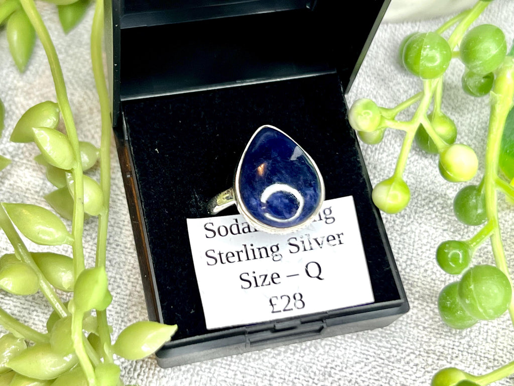 Sodalite Crystal Ring Size Q, 925 Sterling Silver, Healing Crystal Jewellery Gift for her, Blue Gemstone for calm, UK Ethically sourced