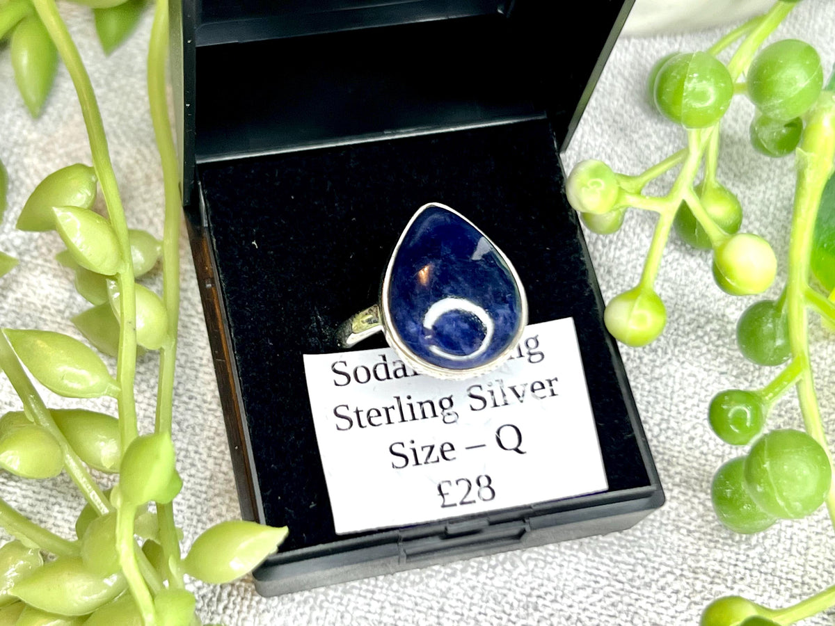Sodalite Crystal Ring Size Q, 925 Sterling Silver, Healing Crystal Jewellery Gift for her, Blue Gemstone for calm, UK Ethically sourced