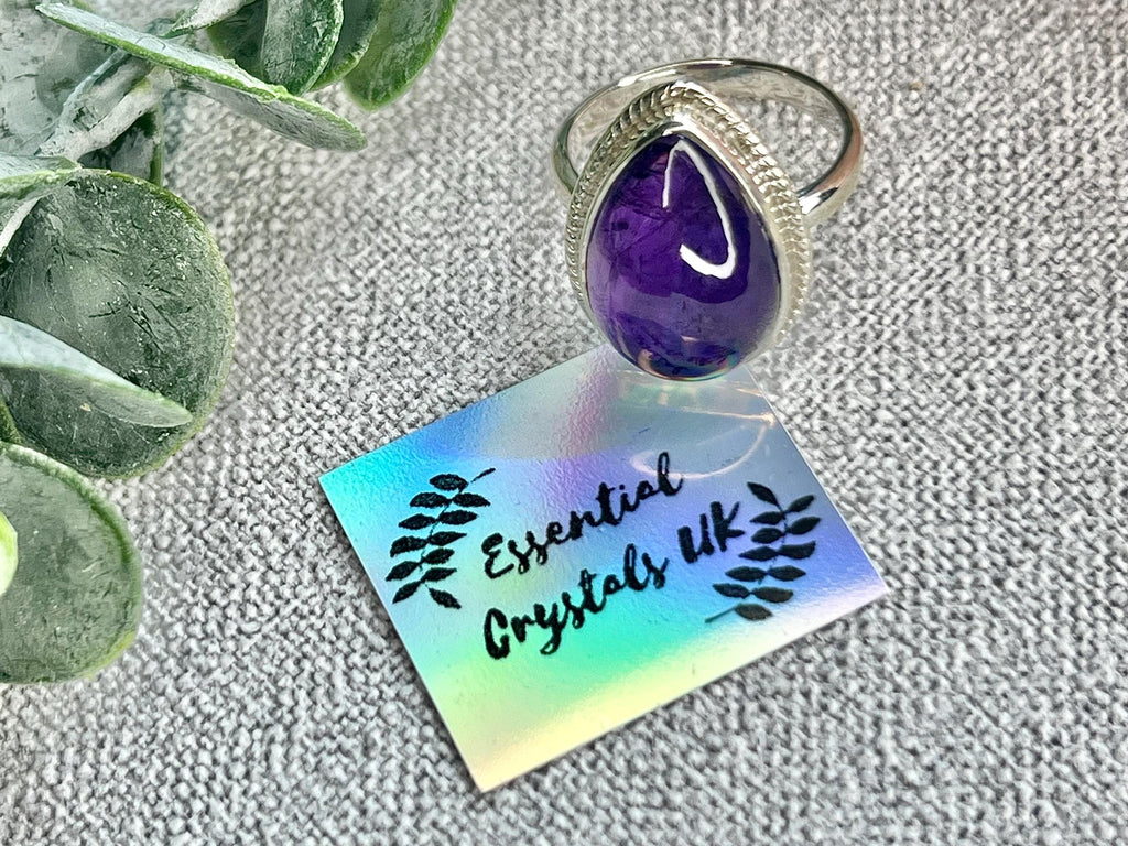 Amethyst Crystal Ring, UK Size O, 925 Sterling Silver, Healing Crystal Jewellery Gift, Purple Gemstone for anxiety, Ethically sourced stones
