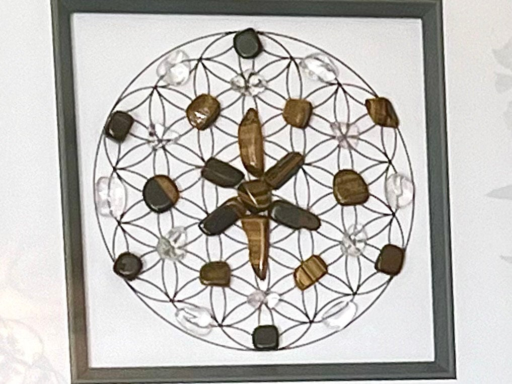 Tigers Eye, Clear Quartz and Black Tourmaline crystal grid art work, framed crystal picture for protection, wall art for friend, wife, boy