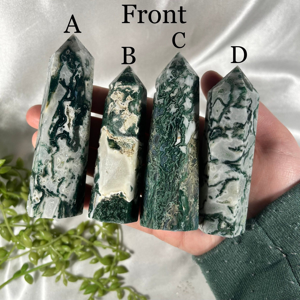 Moss Agate Points, Green and White Crystal Obelisk, Ethically Sourced, UK Metaphysical tower, Crystal gift for strength, Heart Chakra Stone