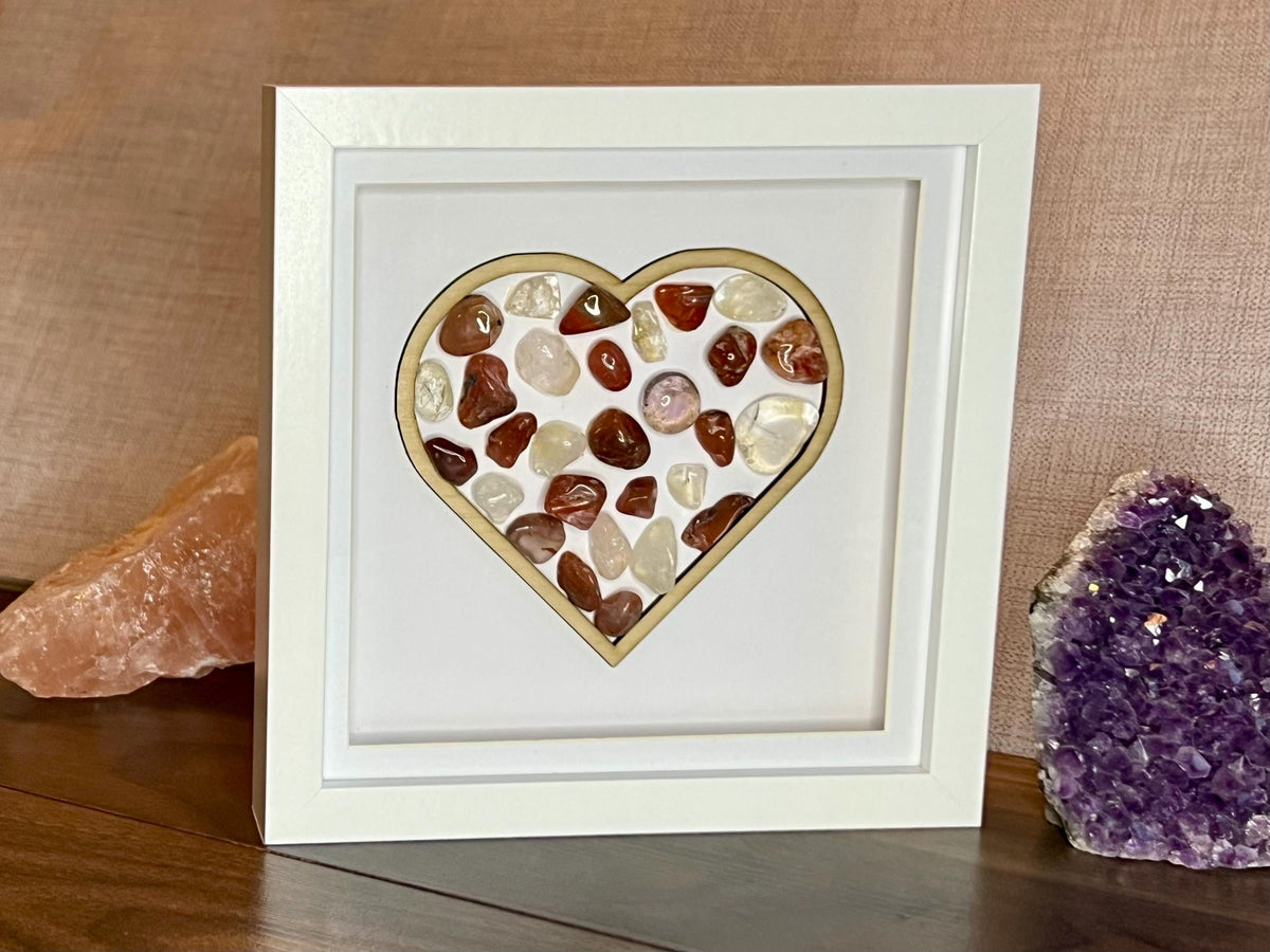 Framed Carnelian and Clear Quartz heart, crystal for strength, metaphysical shop, wall art decor, July birthday gift for her